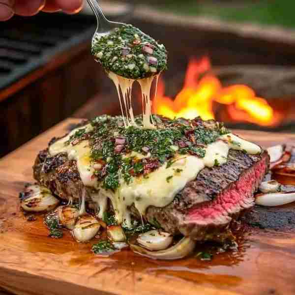 Grilled Ribeye with Chimichurri and Cheese Savor juicy grilled ribeye topped with zesty chimichurri...