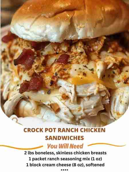 Crock Pot Ranch Chicken Sandwiches Ingredients: - 2 lbs boneless, skinless chicken breasts - 1 packe...