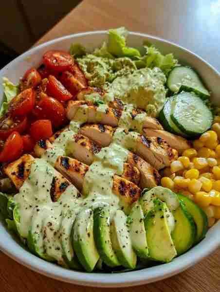Grilled Chicken & Avocado Salad Bowl 🥑 A fresh, protein-packed bowl for a satisfying and healthy me...