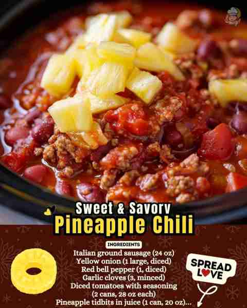 Try This Pineapple Chili Tonight 😋 You’ll Need: • 1 lb ground sausage • 1 onion, diced • 1 red bell...