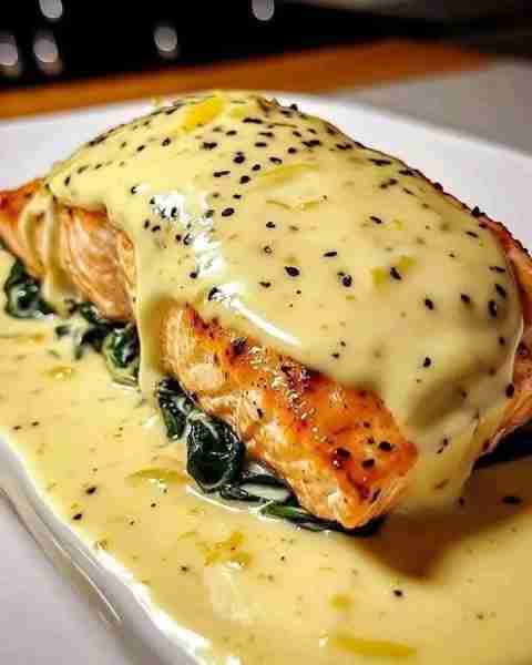 Spinach and Crab Stuffed Salmon with Lemon Cream Sauce 😋😋 ️Ingredients:😋 - 2 salmon fillets (6 oz...