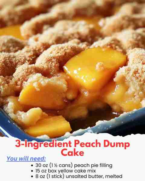 3-Ingredient Peach Dump Cake 🍑❤️ Ingredients: 30 oz (1 ½ cans) peach pie filling 15 oz box yellow c...