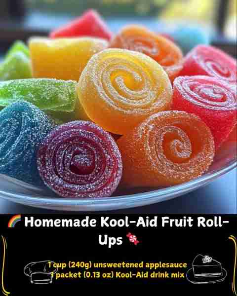 🌈 Homemade Kool-Aid Fruit Roll-Ups 🍬 Ingredients 1 cup (240g) unsweetened applesauce 1 packet (0.1...
