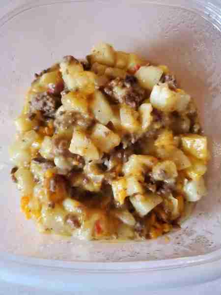 Cheesy potato and ground beef casserole. I forgot a photo of it when it came out of the oven so thi...