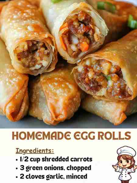 Homemade Egg Rolls Ingredients: 1/2 cup shredded carrots 3 green onions, chopped 2 cloves garlic, m...