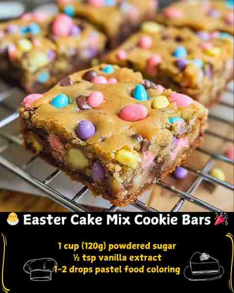 🐣 Easter Cake Mix Cookie Bars 🎉 Ingredients For the Cookie Bars: 1 box (15.25 oz/432g) Funfetti or...