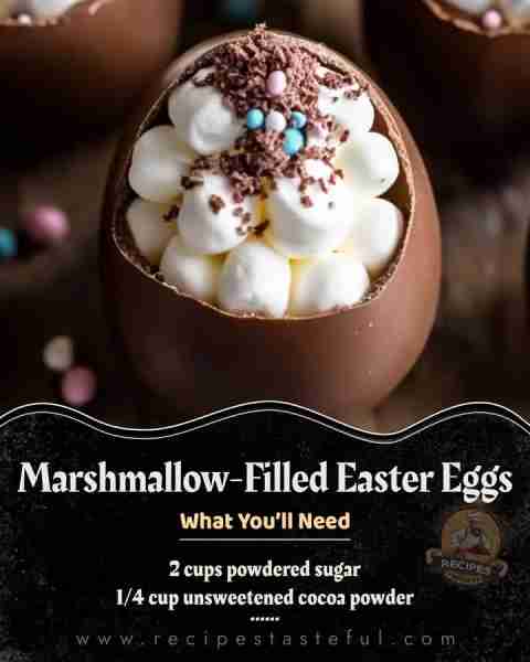 Marshmallow-Filled Easter Eggs 🐣 Ingredients: 2 cups powdered sugar 1/4 cup unsweetened cocoa powde...