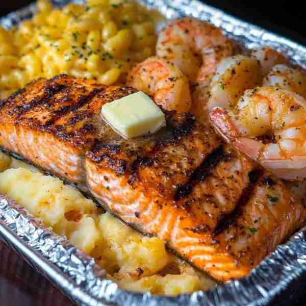 Grilled Salmon & Shrimp with Creamy Mac & Cheese 🐟🍤 Treat yourself to this savory combo of juicy g...