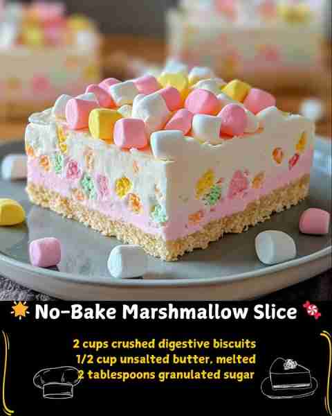 🌟 No-Bake Marshmallow Slice 🍬 Ingredients For the Base: 2 cups crushed digestive biscuits (or grah...
