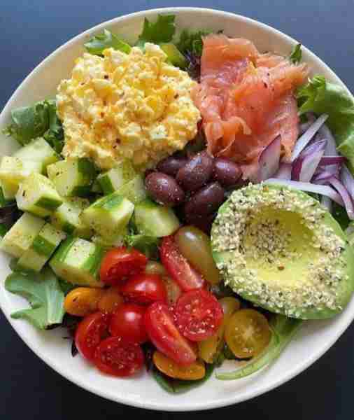 A simple bowl with a few good things. Egg salad made with hard boiled eggs and mayo along with smoke...