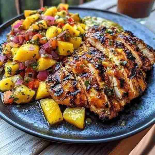 **Lemon Ginger Chicken with Pineapple Mango Salsa! 🍋🍗🍍 (Tropical Flavor Burst!)** Craving a taste...