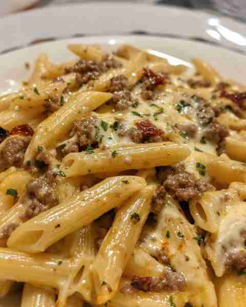This Beef Pasta in a Creamy Garlic Sauce is simple but packed with flavor! The creamy sauce and savo...