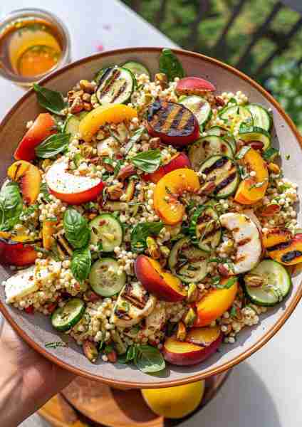 This Greek Halloumi & Peach Couscous Salad with Honey-Tahini Sauce is a delightful, sweet-savory Med...