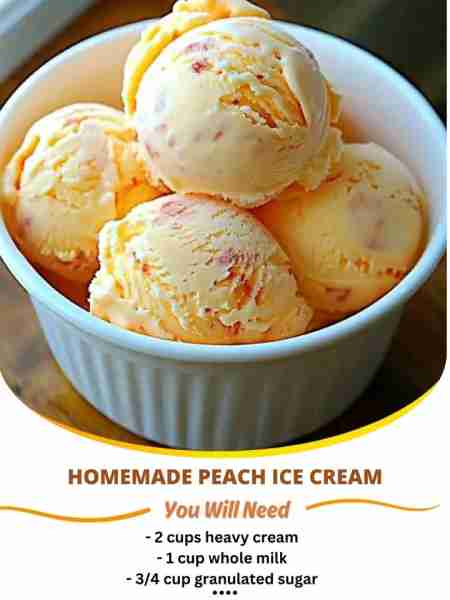 Homemade Peach Ice Cream Ingredients: - 2 cups heavy cream - 1 cup whole milk - 3/4 cup granulated s...