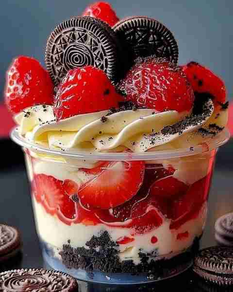 🍓🍪 Strawberry Oreo Cheesecake Cups 🍪🍓 Ingredients: 🍓 1 cup strawberries, chopped 🍪 10 Oreo coo...