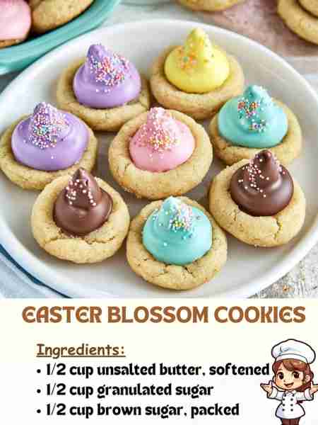 Easter Blossom Cookies Ingredients: 1/2 cup unsalted butter, softened 1/2 cup granulated sugar 1/2...