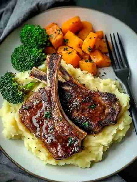Savor Glazed Lamb Chops with Creamy Mashed Potatoes Tonight! Ingredients: 4 lamb chops, 1 tbsp oliv...
