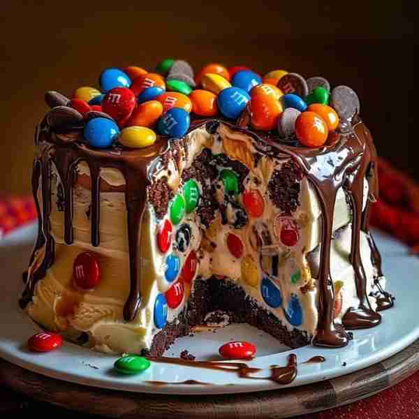 Chocolate M&M's & Cookie Dough Ice Cream Cake (with Vanilla & Cookies n' Cream Ice Cream) 🍦🍪 This...