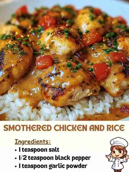 Smothered Chicken and Rice Ingredients: 1 teaspoon salt ½ teaspoon black pepper 1 teaspoon garlic p...