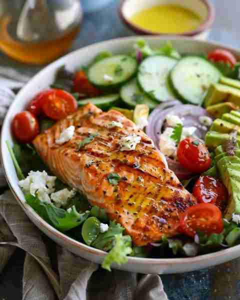 Grilled Salmon & Avocado Salad 📝Ingredients: - 2 salmon fillets - 6 cups mixed greens (arugula, spi...