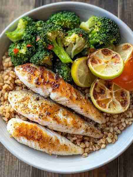 Pan-Seared Tilapia with Roasted Broccoli & Brown Rice 🐟🥦 A light, protein-packed meal with fresh v...