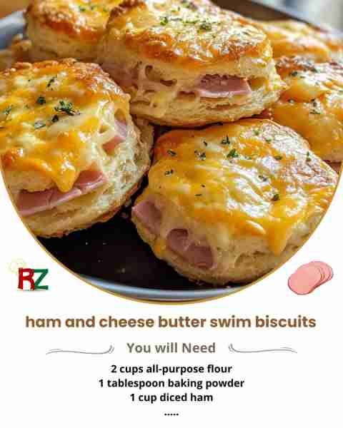 Ham and Cheese Butter Swim Biscuits 🥓🧀 Ingredients: 2 cups all-purpose flour 1 tablespoon baking p...