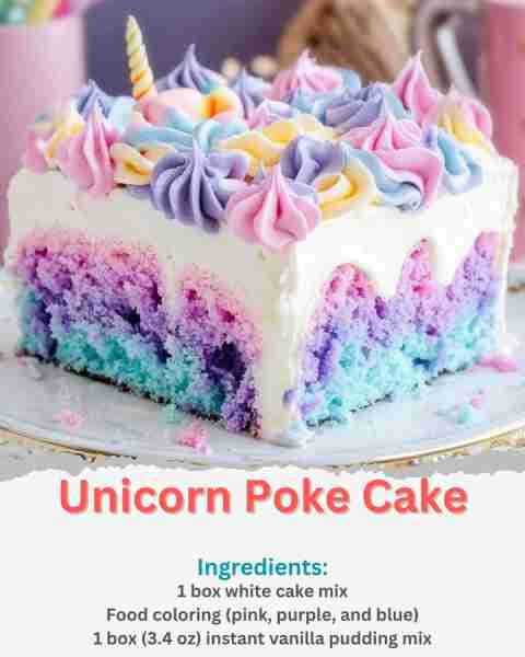 Unicorn Poke Cake Ingredients: 1 box white cake mix (plus ingredients listed on the box) Food colori...
