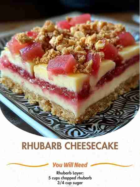 Rhubarb Cheesecake Squares Ingredients: Rhubarb Layer: 5 cups chopped rhubarb 3/4 cup sugar 1...