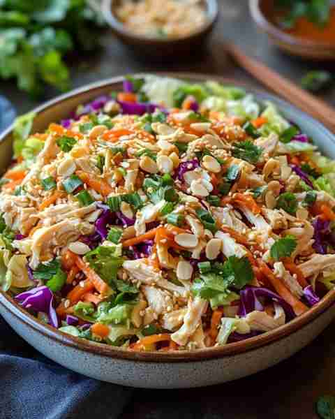 Chinese Chicken Salad Ingredients: 2 cups cooked chicken, shredded 4 cups Napa cabbage, shredded 1 c...