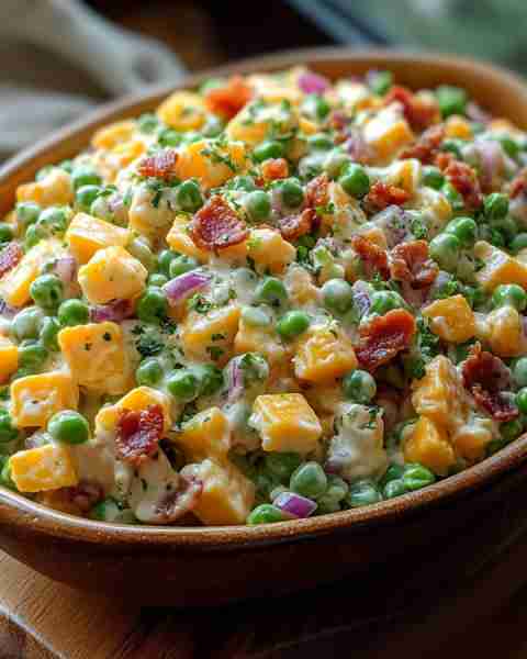 Pea Salad Ingredients: 3 cups frozen peas, thawed ½ cup cheddar cheese, cubed or shredded ⅓ cup red...
