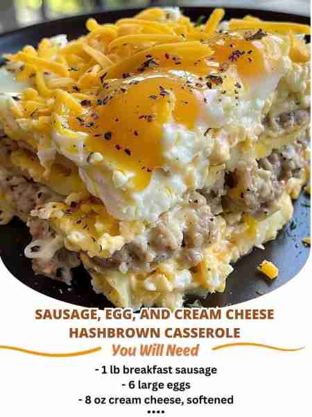 Sausage, Egg, and Cream Cheese Hashbrown Casserole Ingredients: - 1 lb breakfast sausage - 6 large e...