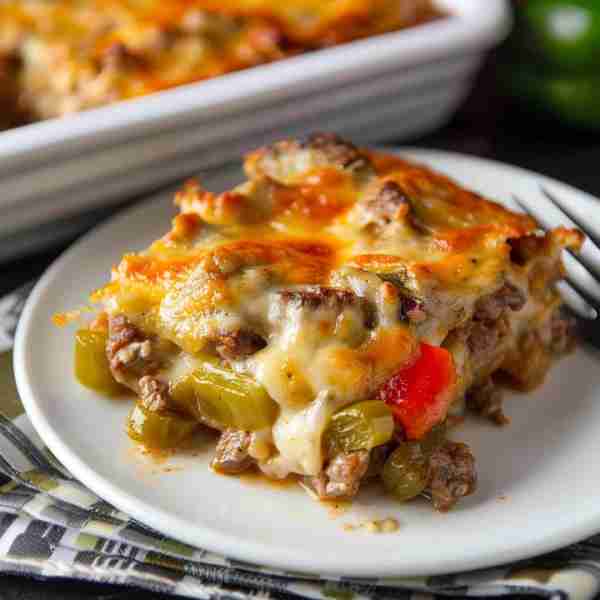 This casserole brings all the Philly cheesesteak flavors to your dinner table! So cheesy and delicio...