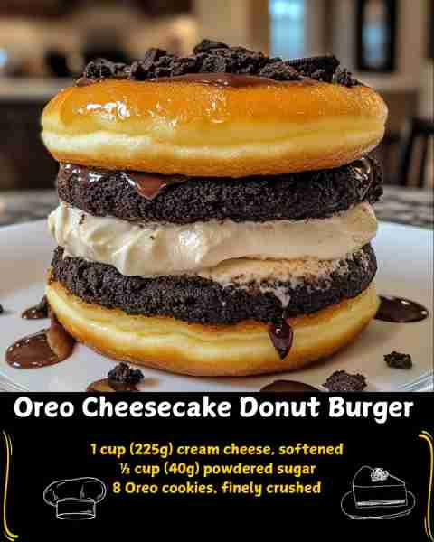 🍩 Oreo Cheesecake Donut Burger 🍔 Ingredients For the Oreo Cheesecake Filling: 1 cup (225g) cream c...