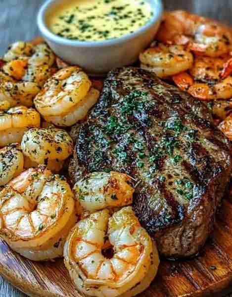 Savor This Garlic Butter Steak & Grilled Shrimp Recipe Tonight! Ingredients: 1 ribeye steak (10-12 o...