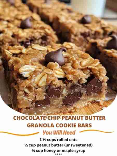 Chocolate Chip Peanut Butter Granola Cookie Bars Ingredients: 1 ½ cups rolled oats ½ cup peanut butt...