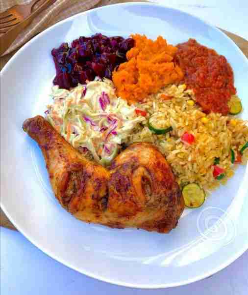 Delicious and Colorful Feast: Grilled Chicken with Fried Rice, Sweet Potatoes, Full recipe in the fi...