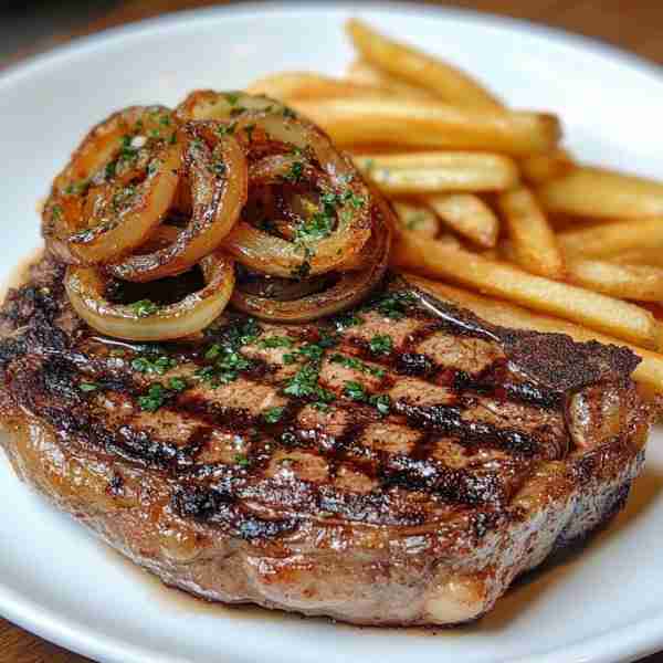 Grilled Steak with Caramelized Onions and Fries 🥩🍟 Juicy grilled steak topped with sweet onions, s...