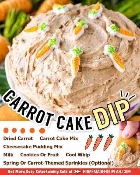 Rich carrot cake and creamy batter dip collide with this simple party dip that's perfect for spring...