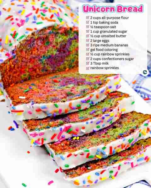 UNICORN BREAD 🦄 2 cups all-purpose flour 🦄 1 tsp baking soda 🦄 ½ teaspoon salt 🦄 1 cup granulate...