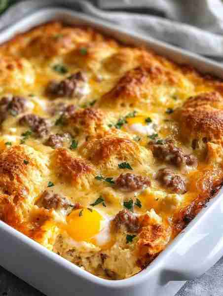 Sausage Gravy & Egg Biscuits Casserole 🍳🥓 Ingredients: 1 can refrigerated biscuits 1 lb breakf...