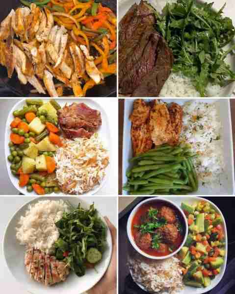 Balanced lunches 🍚🥩🥕🥬🥒🥘 ✅ Roasted chicken with peppers ✅ Grilled steak 🥩 salad 🥗 rice 🍚...