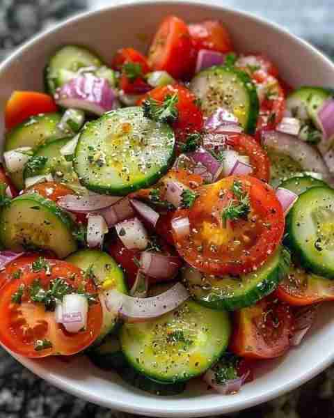Cucumber & Tomato Salad Recipe 🥒🍅 Ingredients: 1-2 cucumbers, thinly sliced 2-3 medium tomatoes or...