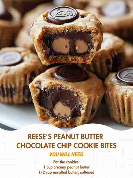 Reese’s Peanut Butter Chocolate Chip Cookie Bites Ingredients: For the cookies: 1 cup creamy pean...