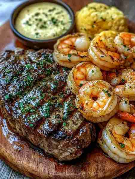 🥩 Garlic Butter Steak & Grilled Shrimp 🦐 A luxurious surf & turf dish packed with bold flavors! 📝...