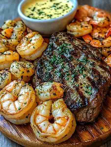 Grilled Steak and Shrimp with Garlic Butter Sauce 🥩🍤 A surf and turf delight with juicy steak, suc...