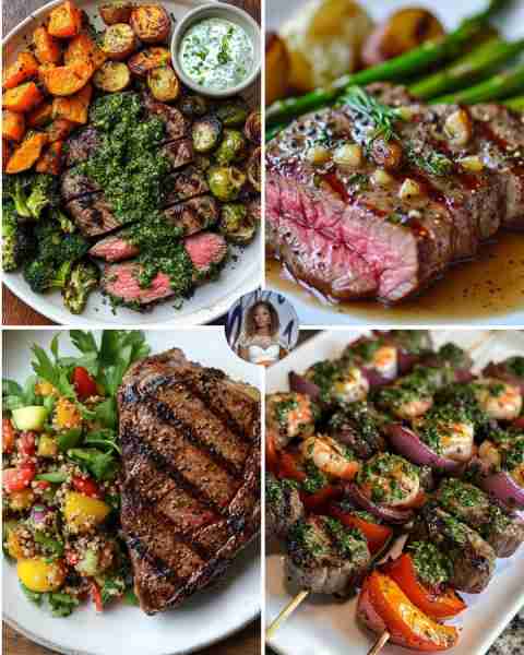 Chimichurri Grilled Steak & Roasted Veggies 🥩🌿 ✅ Ingredients: Grilled flank steak (topped with fr...