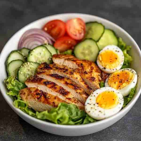 🍗 Grilled Chicken Breast – Sliced, seasoned, and perfectly cooked. 🥚 Boiled Eggs – Halved with a s...