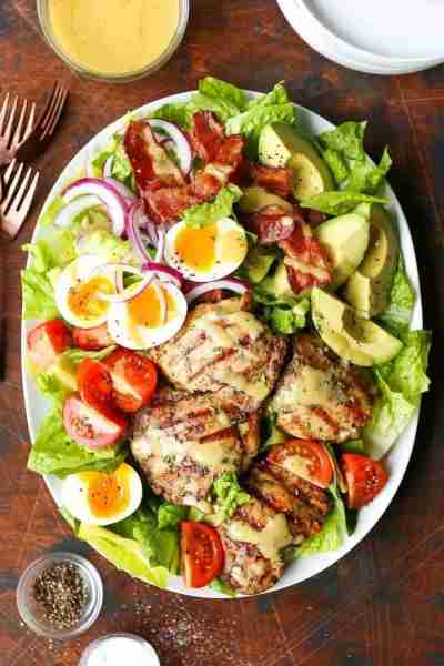 Grilled Chicken Cobb Salad Ingredients: 2–3 grilled chicken thighs 4 slices cooked bacon 2 boiled eg...