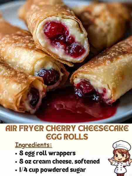 Air Fryer Cherry Cheesecake Egg Rolls Ingredients: 8 egg roll wrappers 8 oz cream cheese, softened 1...