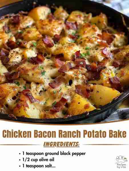 Hearty Chicken Bacon Ranch Potato Bake 🥔🍗🥓 Ingredients: • 4 medium russet potatoes, diced • 2 chi...